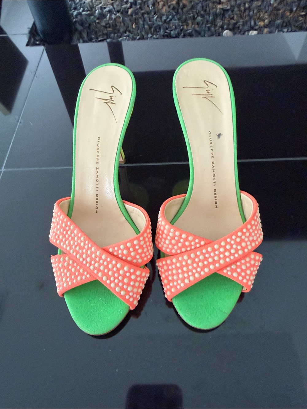 Giuseppe Zanotti Coral Crystal Wrap Slide Sandals with Green Footbed